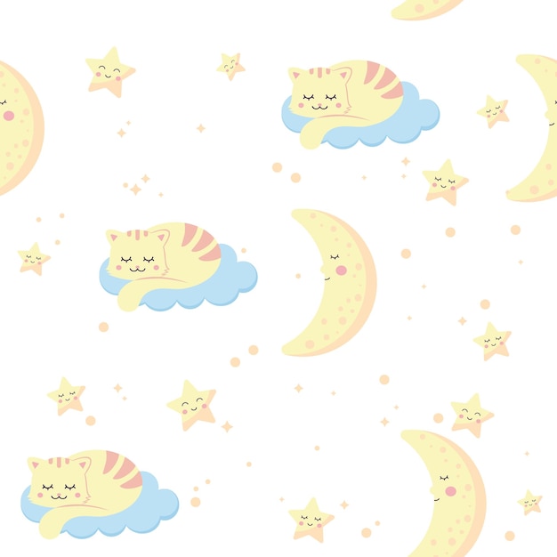 Patrón con un gato sobre una nube la luna y las estrellas sobre un fondo claro Patrones para tela y papel de regalo