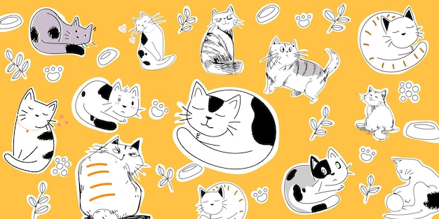 Patrón gatos dibujos dibujos sketch contorno ilustración de fondo vectorial Diseño vintage para papel tapiz