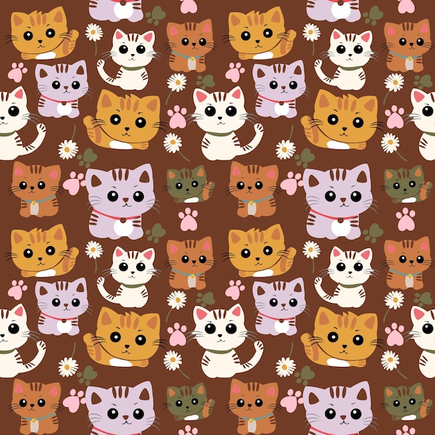 Vector un patrón de gatos con flores en un fondo marrón