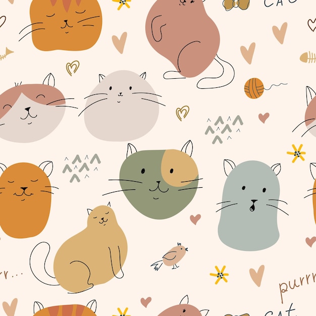 Patrón de gatos impresiones de patas y bolas de hilo Imprenta en colores pastel con animales divertidos Mascotas Dibujo a mano Patrón sin costuras Ilustración vectorial