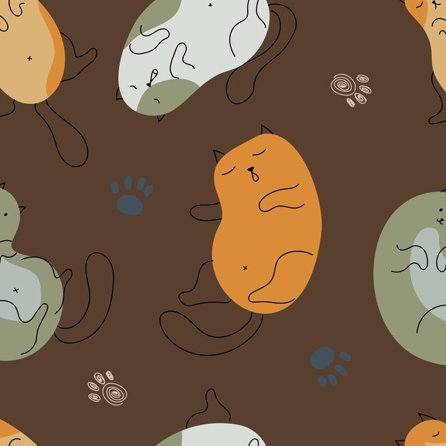 Vector patrón de gatos impresiones de patas y bolas de hilo imprenta en colores pastel con animales divertidos mascotas dibujo a mano patrón sin costuras ilustración vectorial