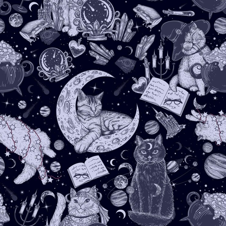 patrón gatos mágicos en el espacio gato mago con poción gatito tabby en la luna gato adivino