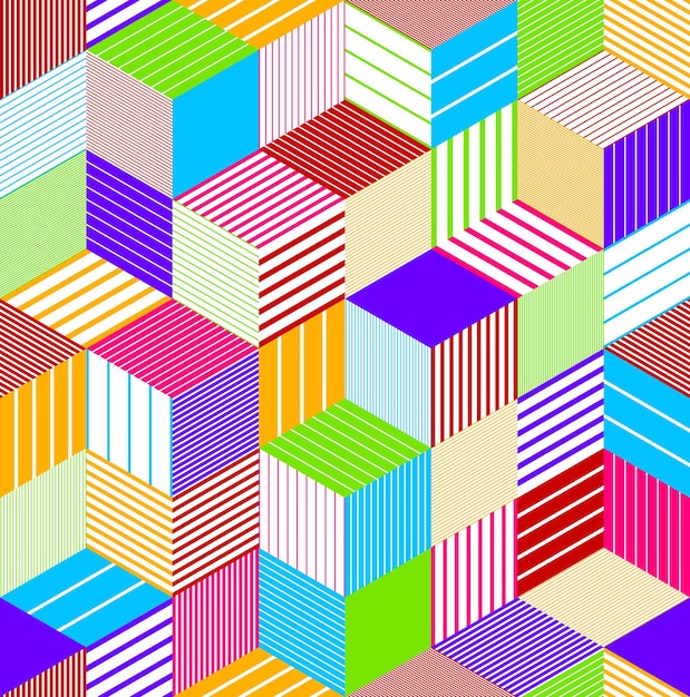 Patrón geométrico 3D sin fisuras con cubos forrados, bloques de cajas a rayas vector de fondo, arquitectura y construcción, diseño de papel tapiz.
