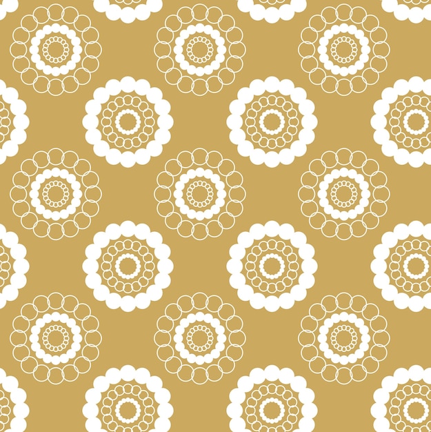 Patrón geométrico abstracto con círculos rayas líneas fondo vectorial sin costuras ornamento floral blanco y dorado diseño gráfico reticulado moderno