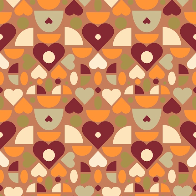 Patrón geométrico abstracto sin costuras con corazones de círculos en estilo retro bauhaus Formas simples