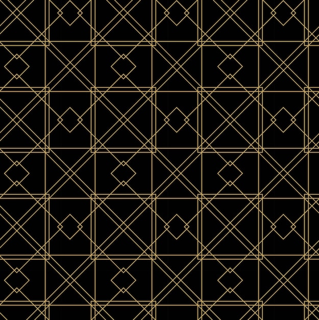 Patrón geométrico abstracto sin costuras con líneas doradas, cuadrados y formas sobre fondo negro, ideal para papeles pintados de tela, cuadernos, envolturas de regalo, envases, alfombras y marcas.