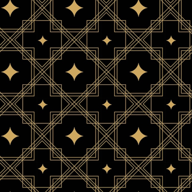 Patrón geométrico abstracto sin costuras con líneas doradas, cuadrados y formas sobre fondo negro, ideal para papeles pintados de tela, cuadernos, envolturas de regalo, envases, alfombras y marcas.