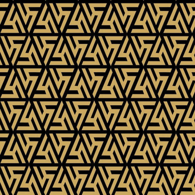Patrón geométrico abstracto con cruces rayas líneas fondo sin costuras ornamento negro y dorado