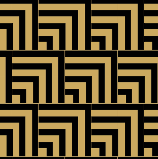 Patrón geométrico abstracto con cuadrados rayas líneas fondo sin costuras ornamento dorado y negro