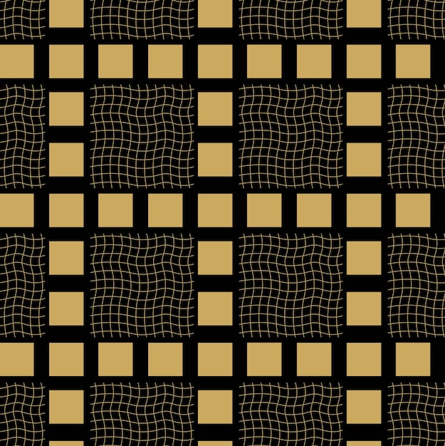 Patrón geométrico abstracto con cuadrados rayas líneas fondo sin costuras ornamento negro y dorado
