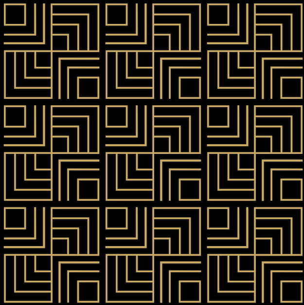 Patrón geométrico abstracto con cuadrados rayas líneas fondo sin costuras ornamento negro y dorado