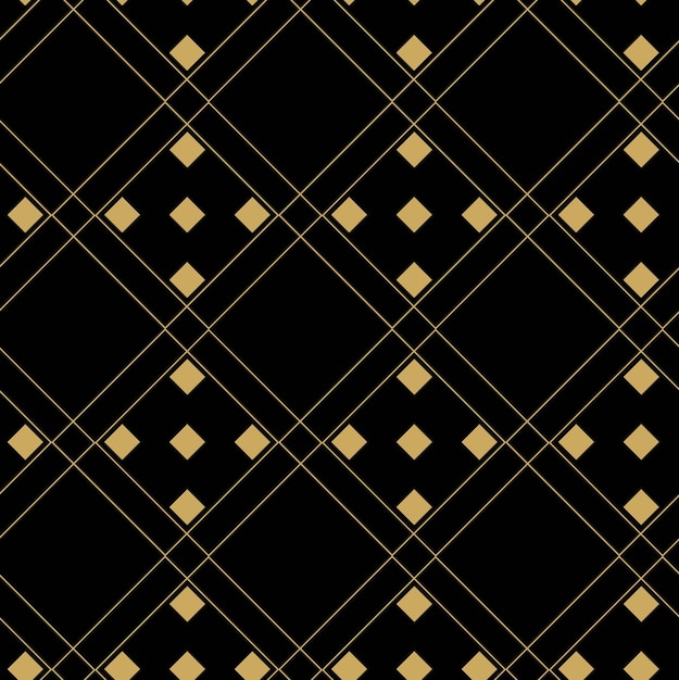 Patrón geométrico abstracto con cuadrados rayas líneas fondo vectorial sin costuras negro y dorado