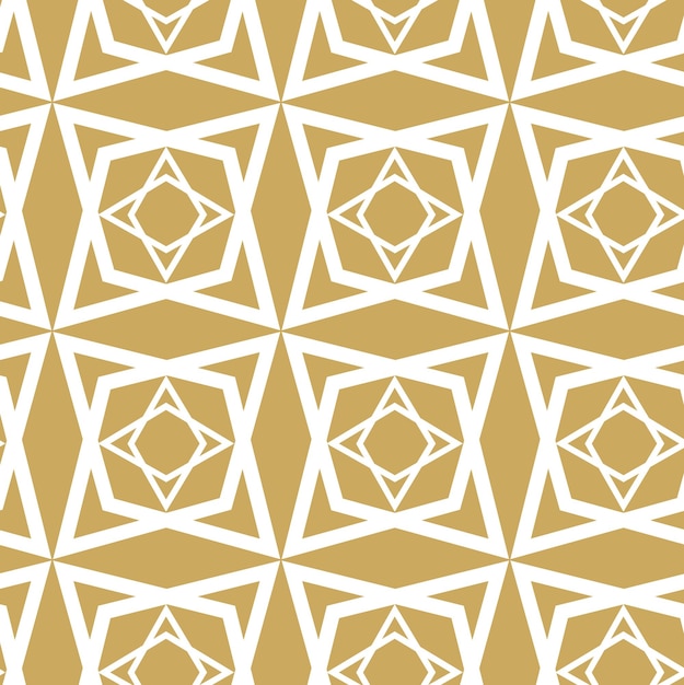 Patrón geométrico abstracto con estrellas rayas líneas fondo vectorial sin costuras blanco y dorado