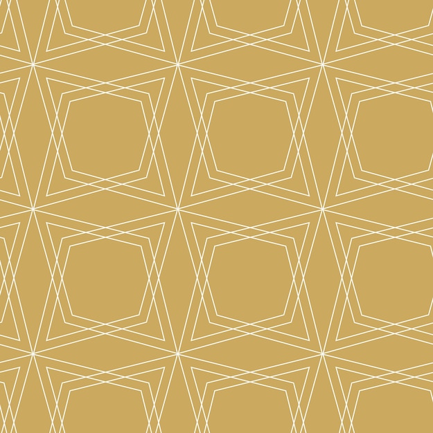 Patrón geométrico abstracto con estrellas rayas líneas fondo vectorial sin costuras blanco y dorado