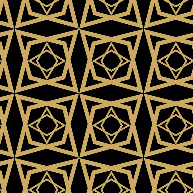 Patrón geométrico abstracto con estrellas rayas líneas fondo vectorial sin costuras negro y dorado