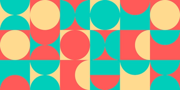 Patrón geométrico abstracto fondo vectorial sin costura círculo semicírculo y líneas de arco arte amarillo azul rojo fondo Bauhaus de moda