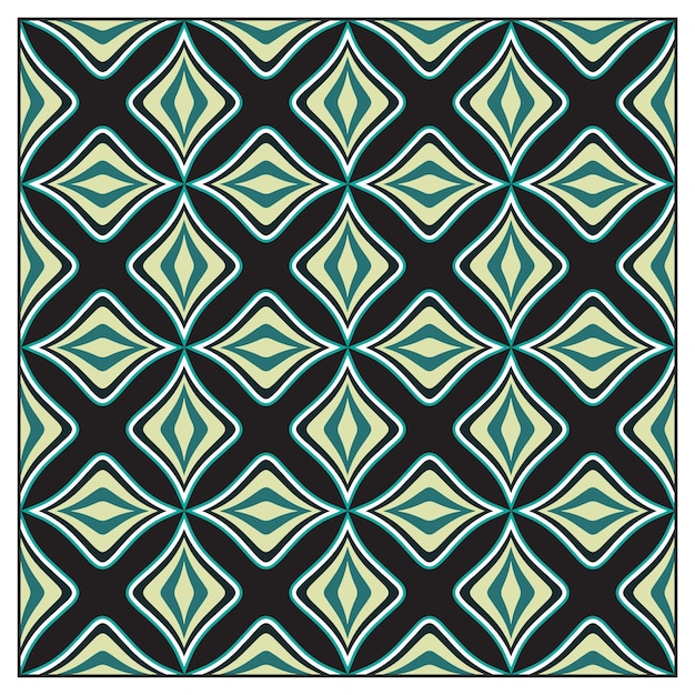 Patrón geométrico abstracto con formas de diamante teal y beige repetidas sobre un fondo negro