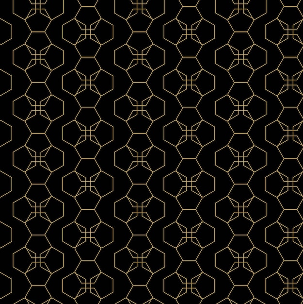 Patrón geométrico abstracto con hexágonos rayas líneas fondo sin costuras ornamento negro y dorado