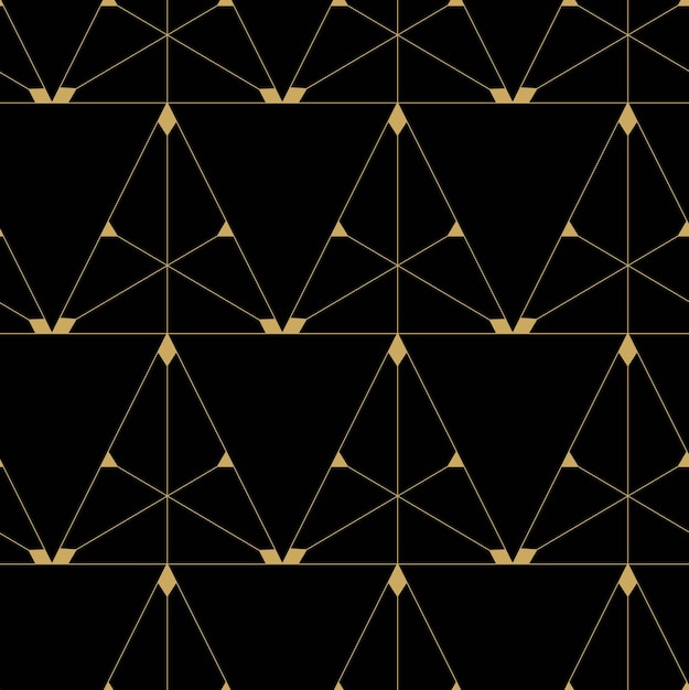 Patrón geométrico abstracto con líneas triangulares y rayas en fondo negro Un fondo vectorial sin costuras Patrón gráfico moderno Patrón negro y dorado