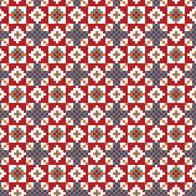 Patrón geométrico de arte étnico de píxeles en rojo, blanco, azul y naranja