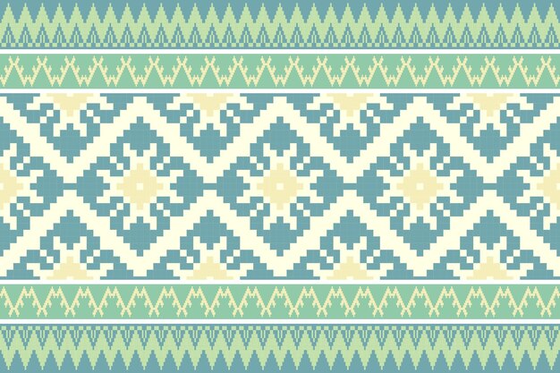 Patrón geométrico sin costuras en azul, verde y amarillo inspirado en diseños textiles étnicos y tribales