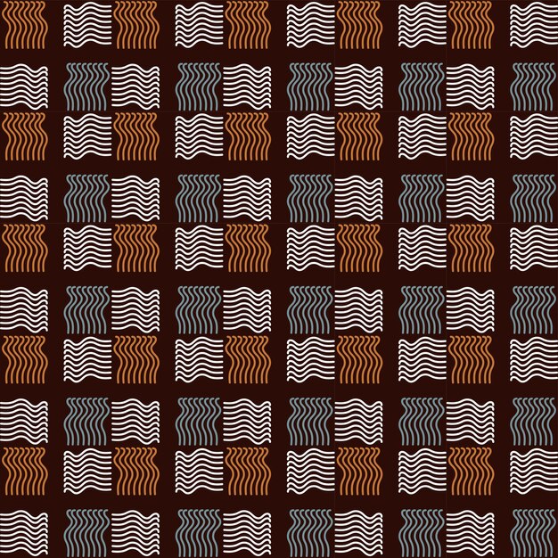 un patrón geométrico sin costuras compuesto de pequeños cuadrados dispuestos en una cuadrícula Cada cuadrado contiene líneas onduladas de diferentes colores, incluidos el blanco, el naranja y el azul