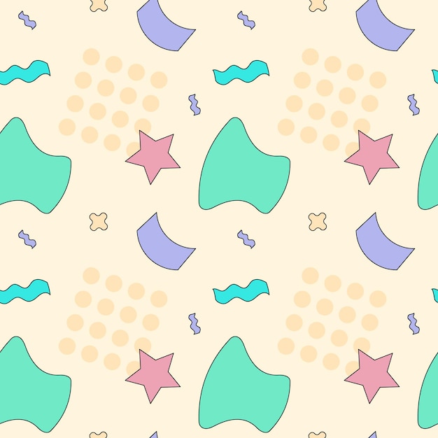 Patrón geométrico sin costuras con estrellas círculos formas Plantilla de vector de estilo de Memphis Ilustración de arte pop retro
