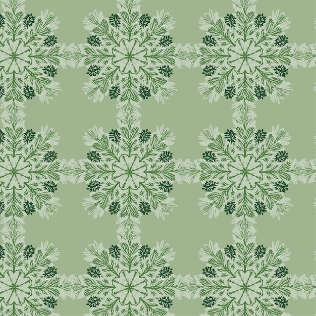 Patrón geométrico sin costuras en un fondo verde claro con la imagen de copos de nieve verdes y blancos