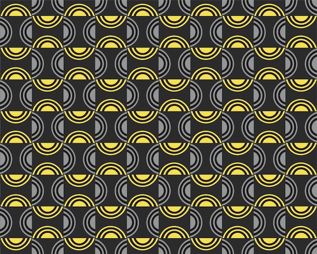 Patrón geométrico sin costuras. Iluminando azulejo circular amarillo y gris definitivo. fondo negro.