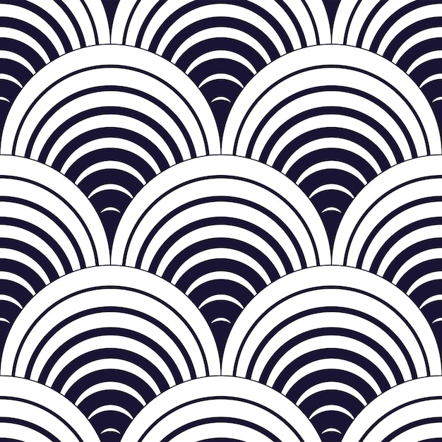 Patrón geométrico sin costuras. Impresión geométrica de tela de moda simple. Textura de mosaico de repetición vectorial. Motivo de tejas o escamas de pescado. Un solo color, blanco y negro. Utilizable para tela, papel tapiz,