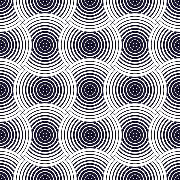 Patrón geométrico sin costuras. Impresión geométrica de tela de moda simple. Textura de mosaico de repetición vectorial. Tema funky de círculos superpuestos. Un solo color, blanco y negro. Utilizable para tela, papel tapiz, envoltura