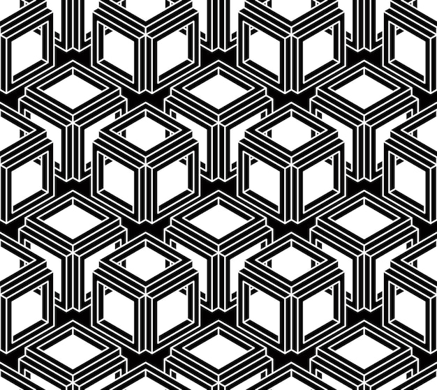 Patrón geométrico sin costuras, interminable vector de fondo regular en blanco y negro. Cubierta abstracta con figuras superpuestas en 3d.