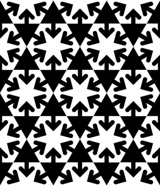 Patrón geométrico sin costuras con textura simétrica en blanco y negro. Fondo textil de contraste vectorial con flechas y triángulos. Revestimiento contemporáneo gráfico hexagonal.