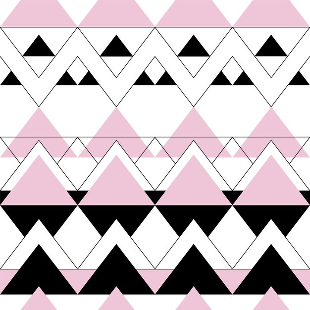 Patrón geométrico sin costuras. Triángulos negros, rosas y blancos. Patrón transparente de vector de estilo boho.