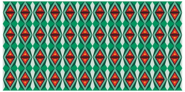 Patrón geométrico con diamantes rojos dentro de diamantes verdes sobre un fondo de azulejos azules