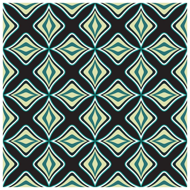 Patrón geométrico con formas de diamante teal y beige repetidas sobre un fondo negro