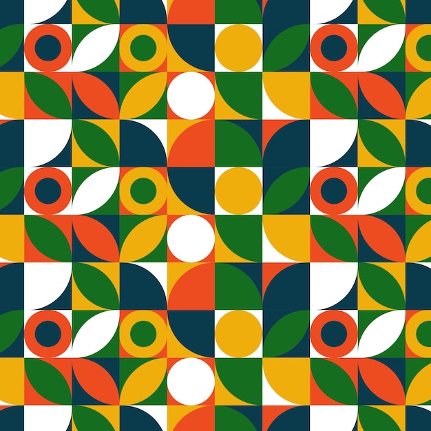 Patrón geométrico simple círculos sin costuras pétalos cuadrados blanco verde azul amarillo naranja imagen vectorial