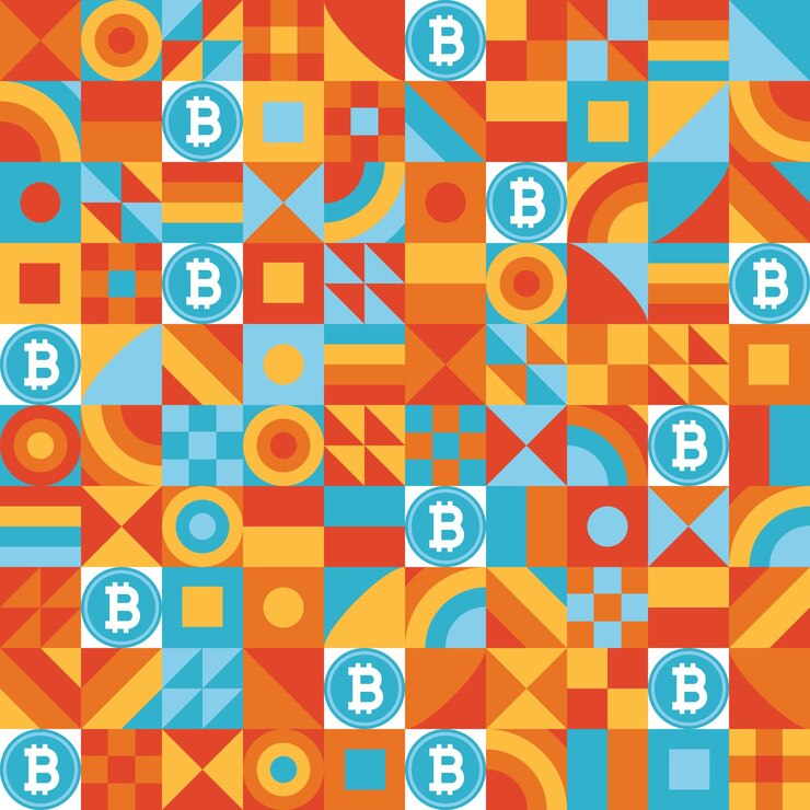 Vector patrón geométrico simple con signo azul de moneda criptográfica bitcoin icono signo vector ilustración