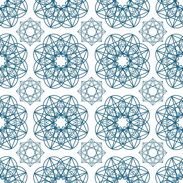 Patrón geométrico transparente con formas circulares dibujadas con líneas de contorno azules sobre fondo blanco. Telón de fondo geométrico árabe. Ilustración de vector monocromo para papel de regalo, impresión textil