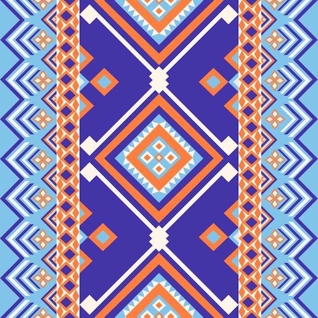 Patrón geométrico tribal en azul naranja y blanco Abstracto Diseño sin costuras étnico Motivos tradicionales de diamantes tribales Patrón textil étnico colorido Boho