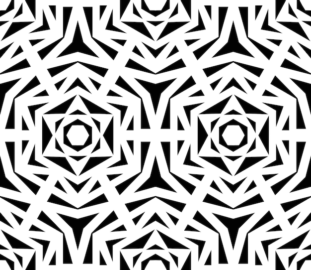 Patrón geométrico vectorial en blanco y negro Fondo abstracto con elementos estelares y motivos florales Triángulos negros sobre fondo blanco