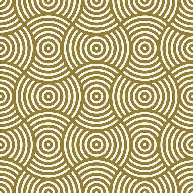 Patrón geométrico vectorial sin costuras, composición infinita abstracta creada con rizos y círculos superpuestos. Fondo amarillo con curvas entrelazadas.