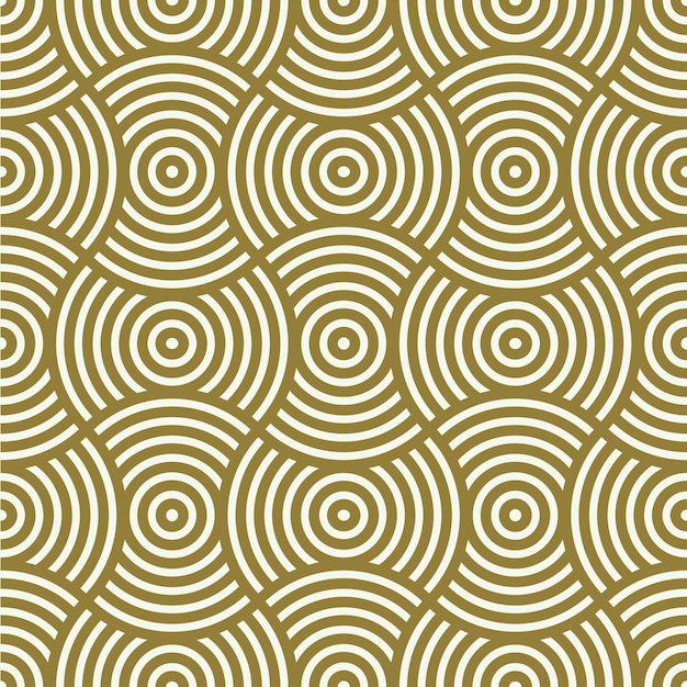 Patrón geométrico vectorial sin costuras, composición infinita abstracta creada con rizos y círculos superpuestos. Fondo amarillo con curvas entrelazadas.