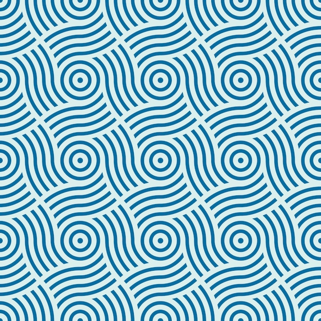 Patrón geométrico vectorial sin costuras, composición infinita abstracta creada con rizos y círculos superpuestos. Fondo azul con curvas entrelazadas.