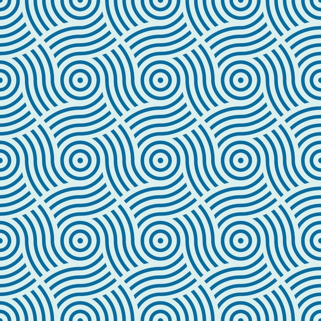 Patrón geométrico vectorial sin costuras, composición infinita abstracta creada con rizos y círculos superpuestos. fondo azul con curvas entrelazadas.