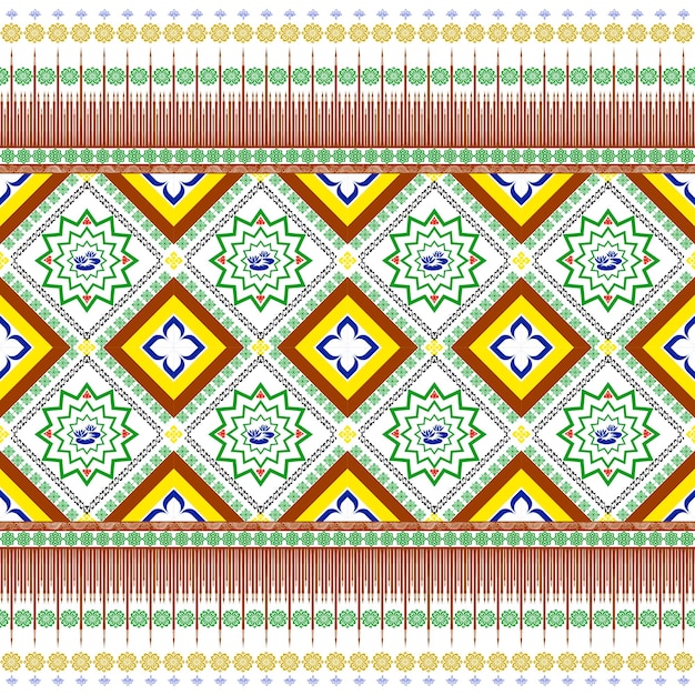 Patrón geométrico vibrante con motivos y colores florales