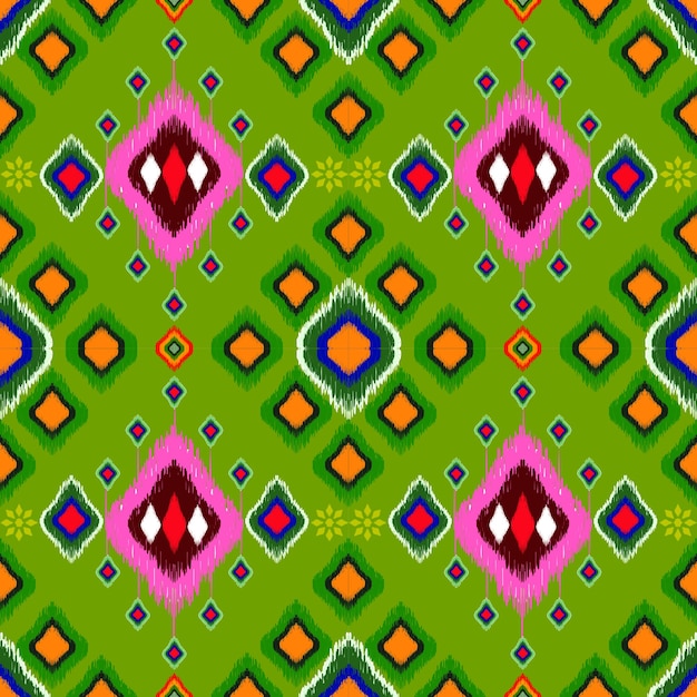 Patrón geométrico vibrante con motivos coloridos sobre un fondo verde