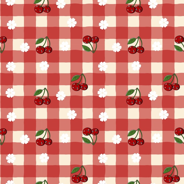 Patrón de Gingham Rojo sin costuras con cerezas y flores blancas Diseño de picnic de verano lindo