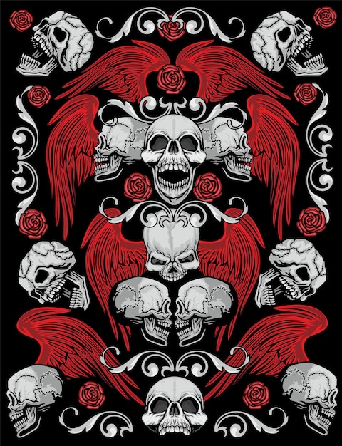 Patrón gótico con camisetas de diseño vintage grunge calavera