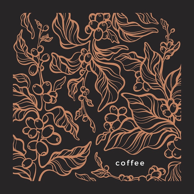 Patrón gráfico de café. Árbol de la naturaleza, rama de la línea de arte, hojas, frijol. Follaje de dibujo vintage